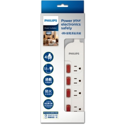 【PHILIPS 飛利浦】新安規 過載防護型 4開4插3孔延長線 SPB2641 (1.8米) 白色 黑色